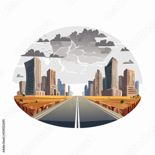 long, empty road cuts through a ruined cityscape under a stormy sky