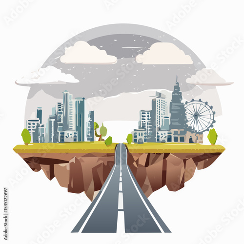 long, empty road cuts through a ruined cityscape under a stormy sky