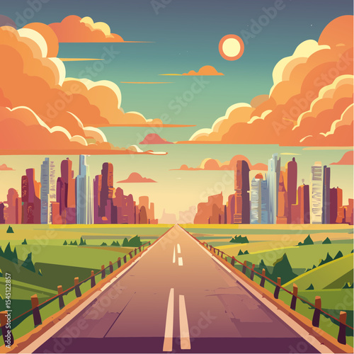 long, empty road cuts through a ruined cityscape under a stormy sky
