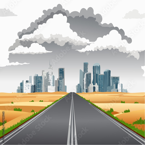long, empty road cuts through a ruined cityscape under a stormy sky