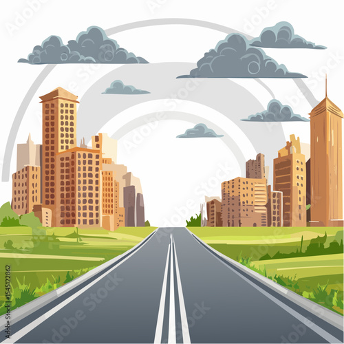 long, empty road cuts through a ruined cityscape under a stormy sky