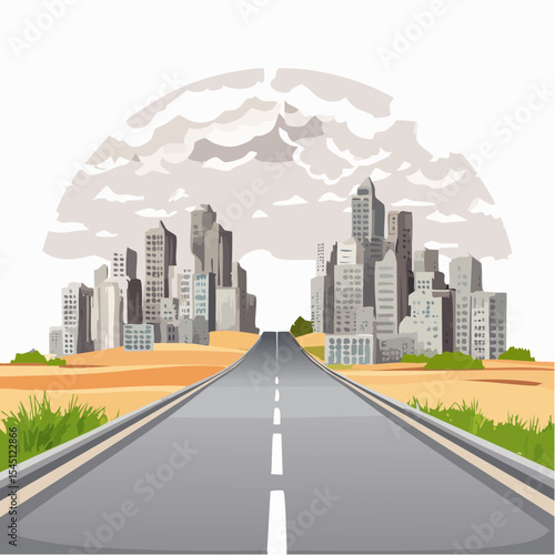 long, empty road cuts through a ruined cityscape under a stormy sky