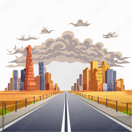 long, empty road cuts through a ruined cityscape under a stormy sky