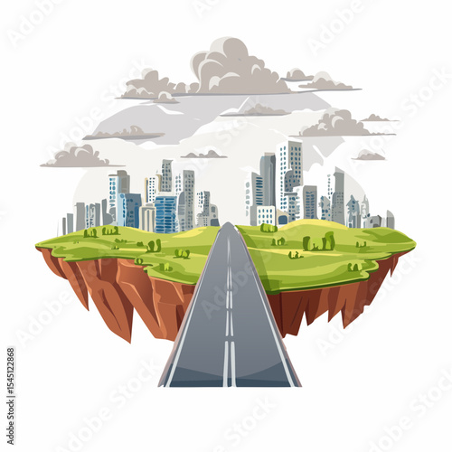 long, empty road cuts through a ruined cityscape under a stormy sky
