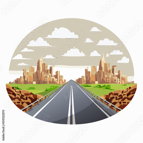 long, empty road cuts through a ruined cityscape under a stormy sky
