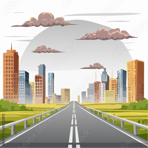 long, empty road cuts through a ruined cityscape under a stormy sky