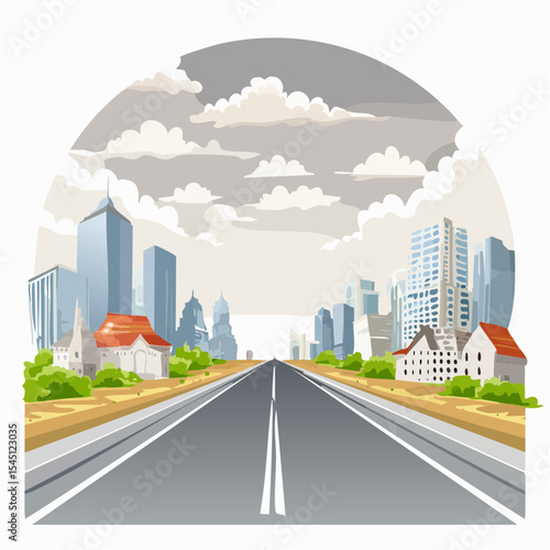 long, empty road cuts through a ruined cityscape under a stormy sky