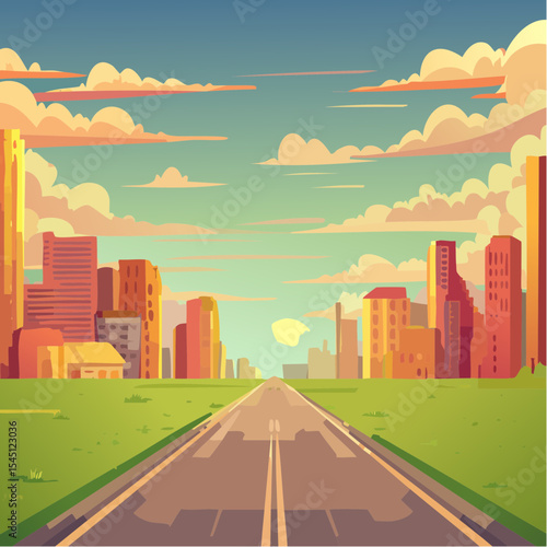 long, empty road cuts through a ruined cityscape under a stormy sky