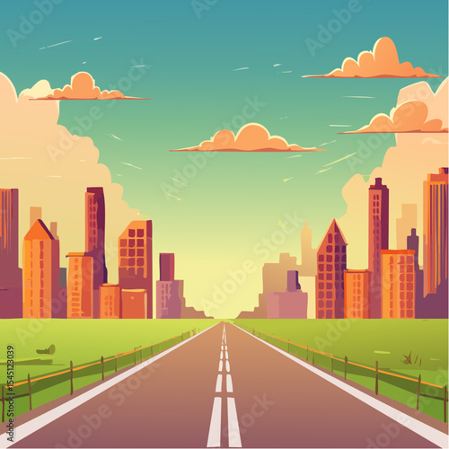 long, empty road cuts through a ruined cityscape under a stormy sky