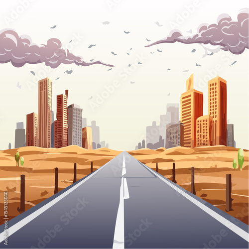 long, empty road cuts through a ruined cityscape under a stormy sky