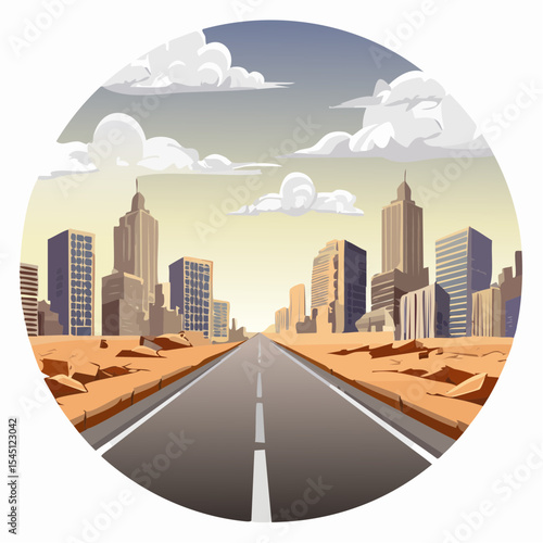 long, empty road cuts through a ruined cityscape under a stormy sky