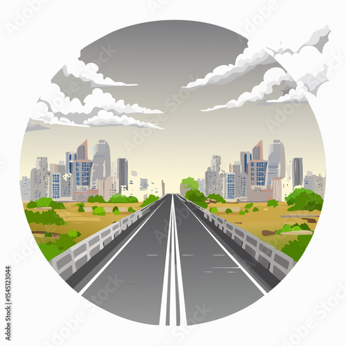 long, empty road cuts through a ruined cityscape under a stormy sky