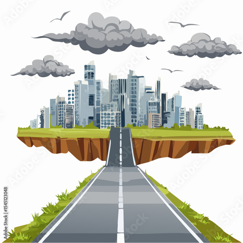 long, empty road cuts through a ruined cityscape under a stormy sky