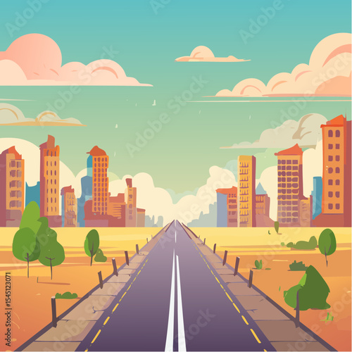 long, empty road cuts through a ruined cityscape under a stormy sky