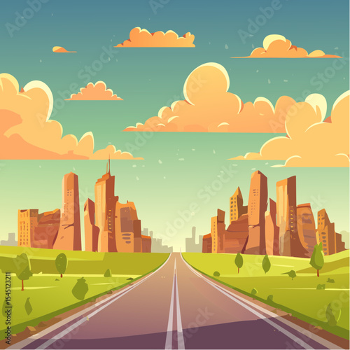 long, empty road cuts through a ruined cityscape under a stormy sky