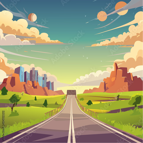 long, empty road cuts through a ruined cityscape under a stormy sky