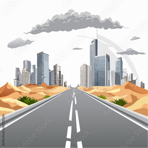 long, empty road cuts through a ruined cityscape under a stormy sky