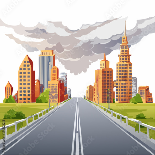 long, empty road cuts through a ruined cityscape under a stormy sky