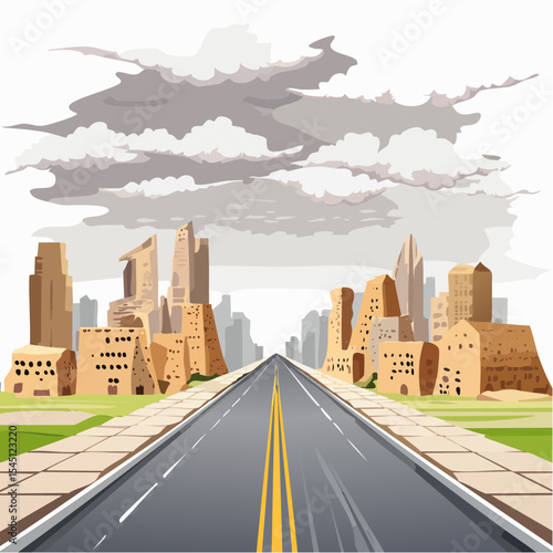 long, empty road cuts through a ruined cityscape under a stormy sky