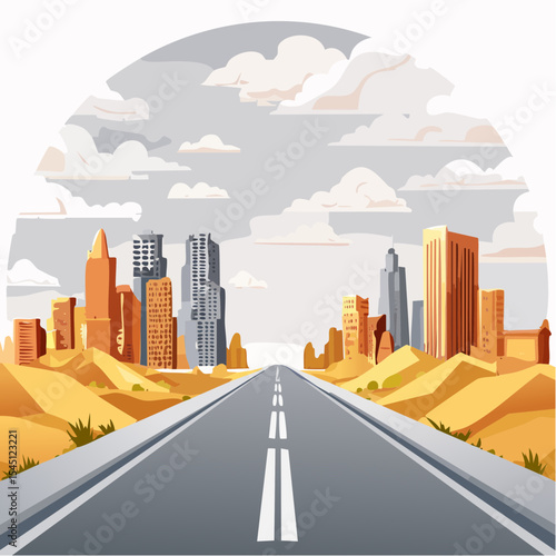 long, empty road cuts through a ruined cityscape under a stormy sky