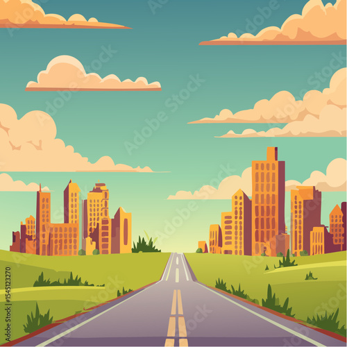 long, empty road cuts through a ruined cityscape under a stormy sky