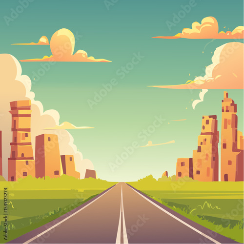 long, empty road cuts through a ruined cityscape under a stormy sky