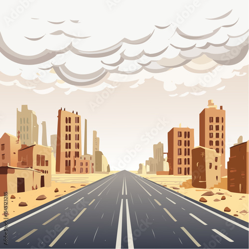 long, empty road cuts through a ruined cityscape under a stormy sky