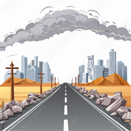 long, empty road cuts through a ruined cityscape under a stormy sky