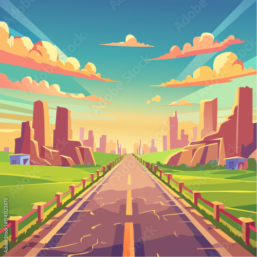 long, empty road cuts through a ruined cityscape under a stormy sky