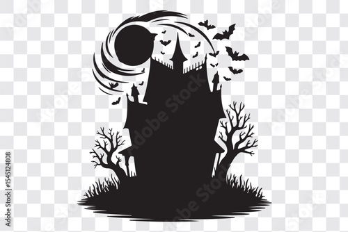 haunted halloween house line art silhouette vector illustration