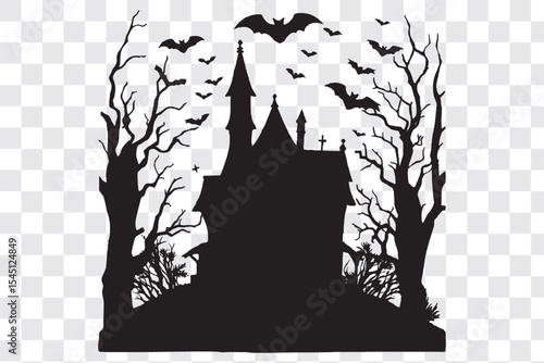 haunted halloween house line art silhouette vector illustration