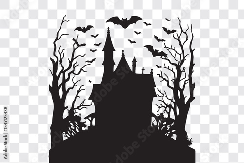haunted halloween house line art silhouette vector illustration