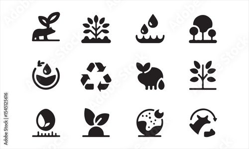 Set of Eco-Friendly Icons for Sustainable Living, set of 12 black and white vector icons depicts various aspects of sustainability and environmental responsibility vector art on white