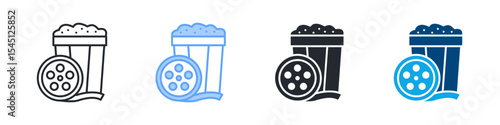 Movie Icon Set Multiple Style. Design In Outline, Blue, Glyph, Dual Tone
