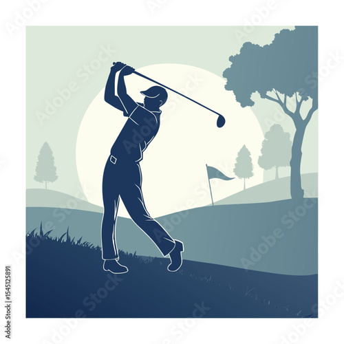 Silhouette Golf Player Swinging Golf Club on Golf Course with Flag and Trees