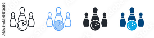 Bowling Icon Set Multiple Style. Design In Outline, Blue, Glyph, Dual Tone