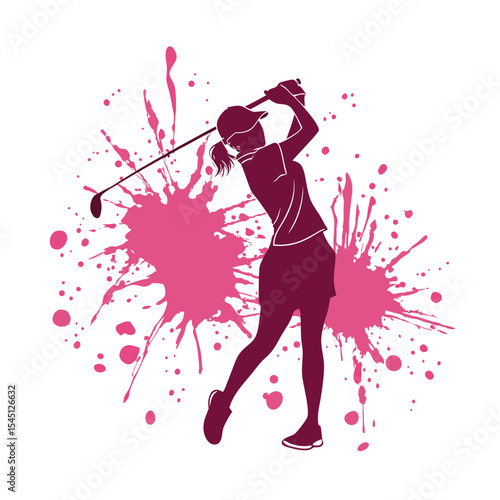 Pink Silhouette of a Woman Golfer Swinging Club with Splatter Background