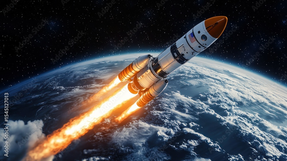 Fototapeta premium Powerful rocket launching into space, plumes of fire and smoke billowing behind, Earth visible in the background