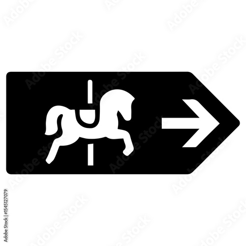 Arrow wayfinding icon pointing to carousel theme park ride with transparent background symbolizing amusement park direction signage
