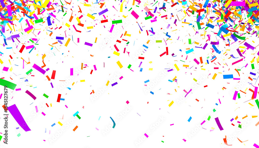 Colorful confetti falls against a white background, creating a festive and celebratory atmosphere Colorful confetti falls against a white background, creating a festive and celebratory atmosphere