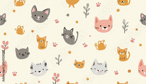 Cartoon Cat Faces Pattern on Cream Background Repeating Seamlessly