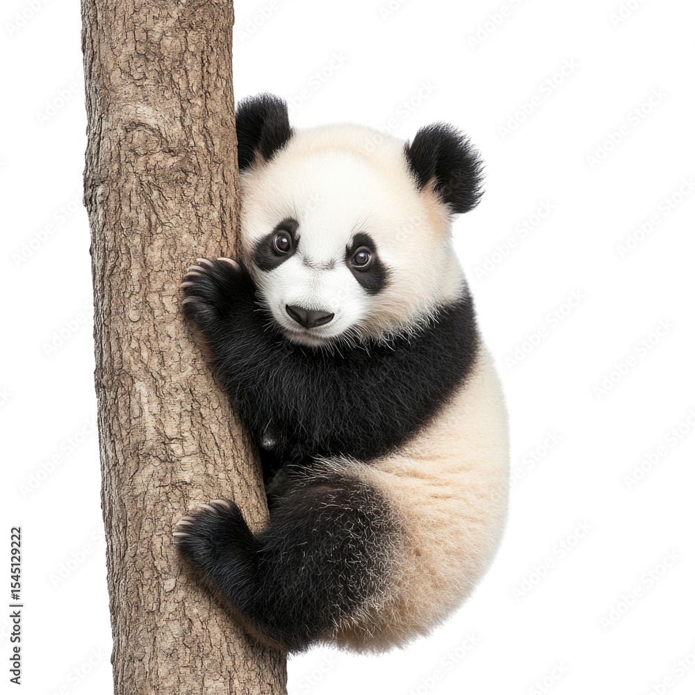 Obraz premium Baby panda climbing a tree branch in a playful posture with a transparent background, cutout PNG