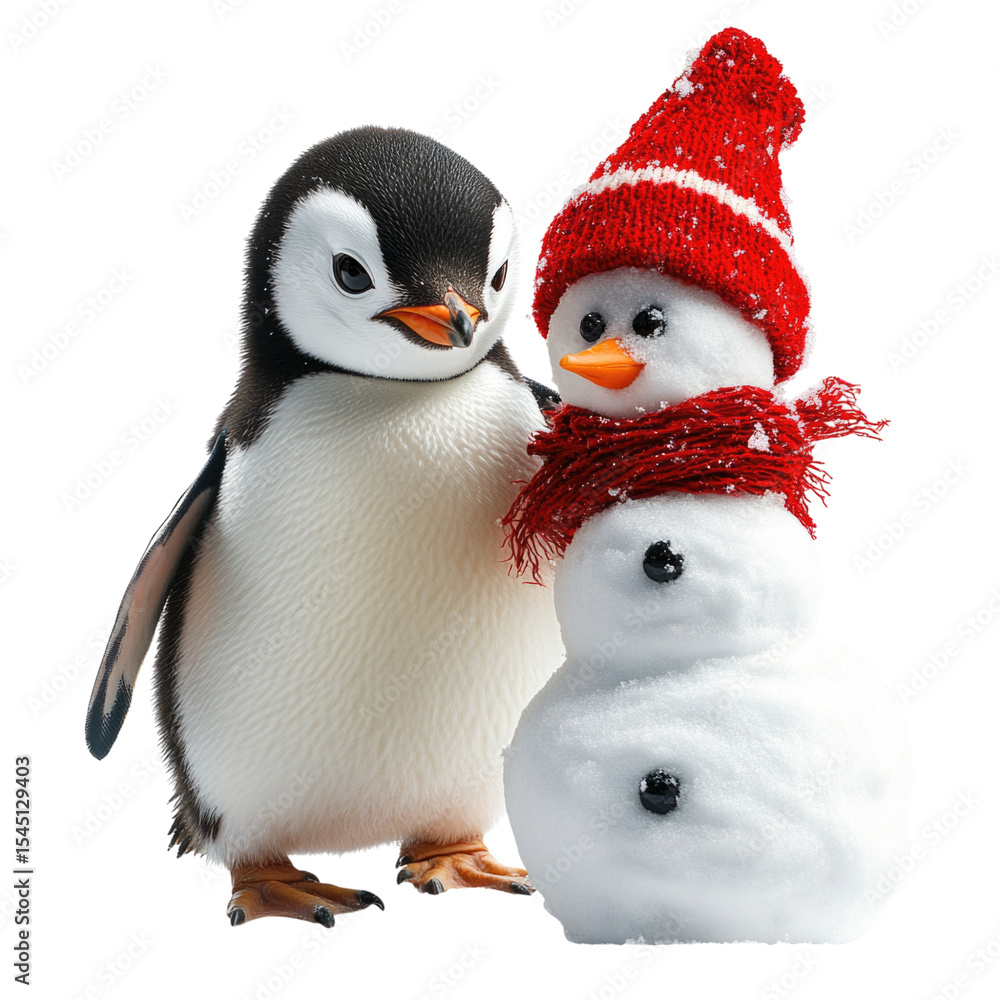 Fototapeta premium Cute penguin standing next to a snowman wearing a red hat and scarf in a winter wonderland, transparent background, cutout PNG
