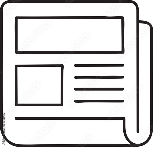 Simple Black and White Newspaper Icon with Headline Image and Text Sections in a Flat Design