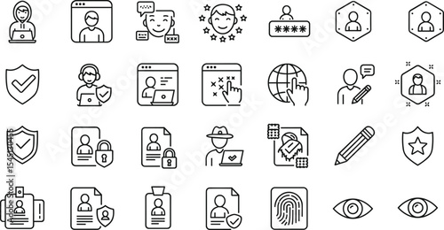 User Security and Digital Identity Line Icons Set Hacking, Privacy, Password, Authentication, Profile, Biometrics, Data Protection, and Online Safety Symbols for Web and IT