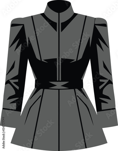 Flat vector illustration of Dark gray peplum jacket with high collar and belted waist.