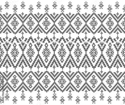 Cross-stitch embroidery pixel art seamless earth tone pink abstract flowers pattern design for home decor, garment, scrap book cover, detail vector illustration.