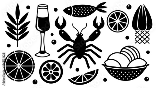 Seafood and Citrus Still Life: Monochrome graphic design featuring a lobster, fish, citrus fruits, wine glass, and stylized leaves.  A stylish black and white illustration perfect for menus.