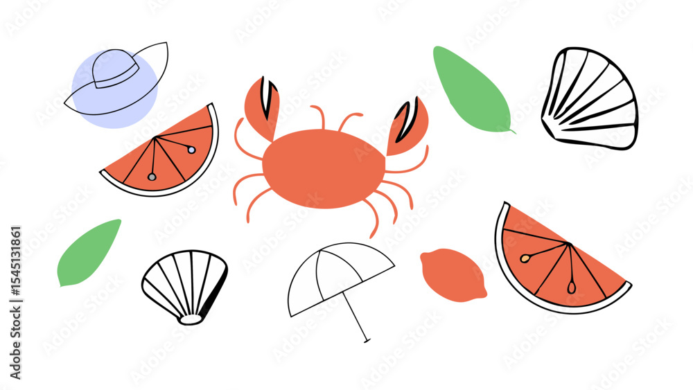 Fototapeta premium Summer Beach Theme: Playful illustration depicts a fun and relaxing summer beach scene, featuring crab, watermelon, sun hat, umbrella, seashell, and leaves, conveying the essence of seaside leisure.