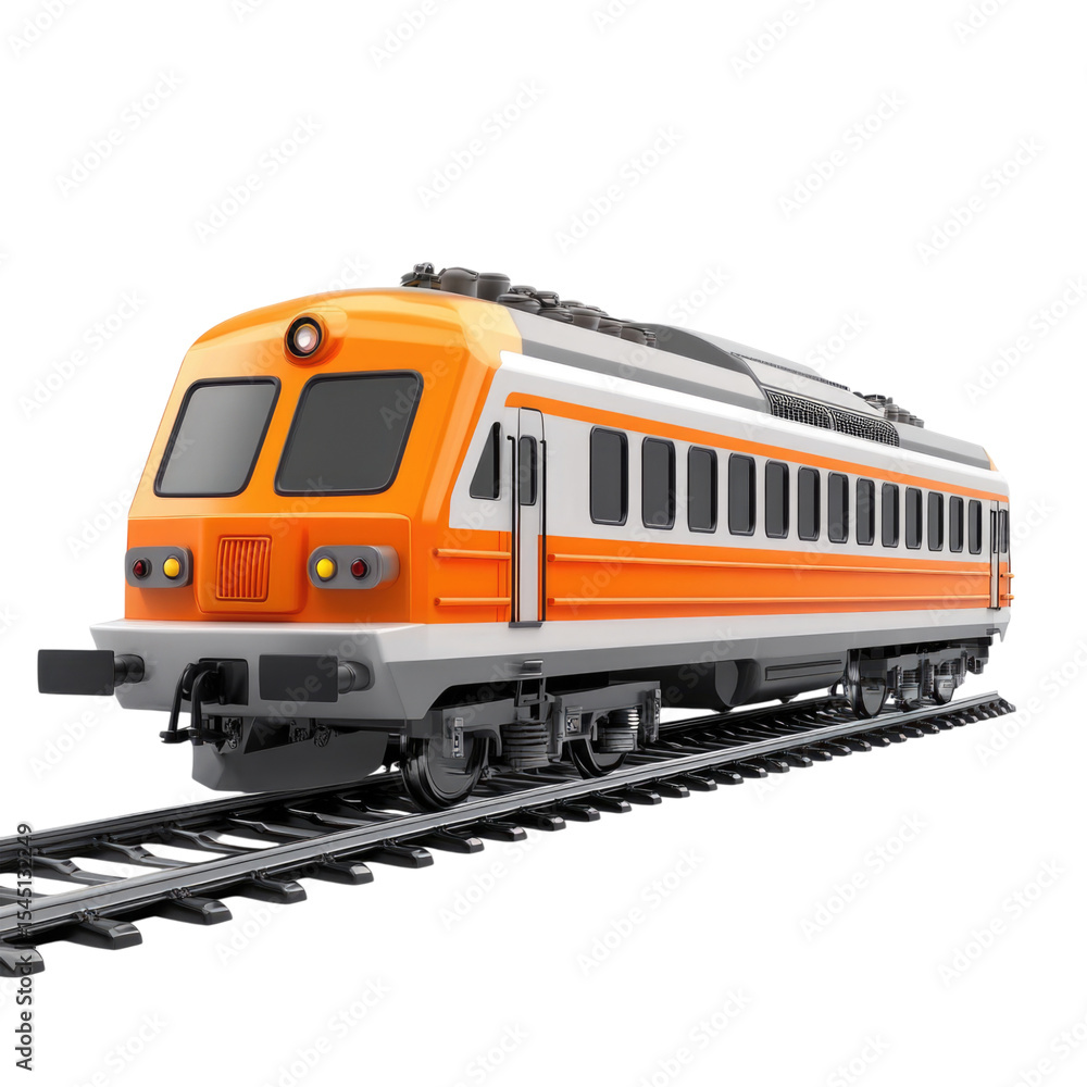 Fototapeta premium Bright orange passenger train model passing along the railway on a transparent background, cutout PNG
